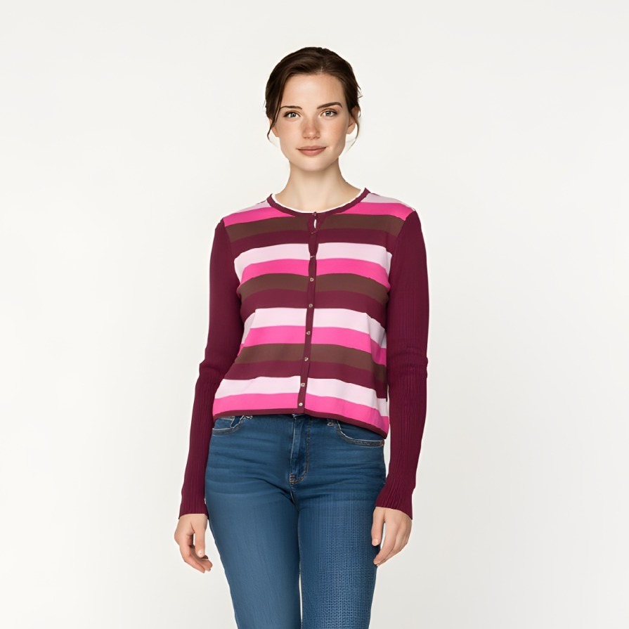 Purple, Pink, Brown Striped Button Up Sweater By Petite Sophisticate M